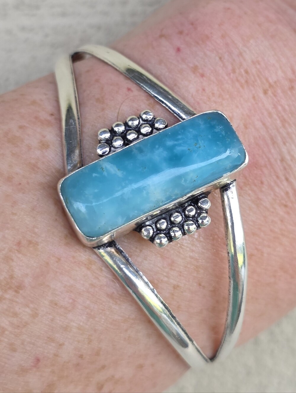 Larimar Gemstone Cuff Bracelet In 925 Sterling Silver (Adjustable)